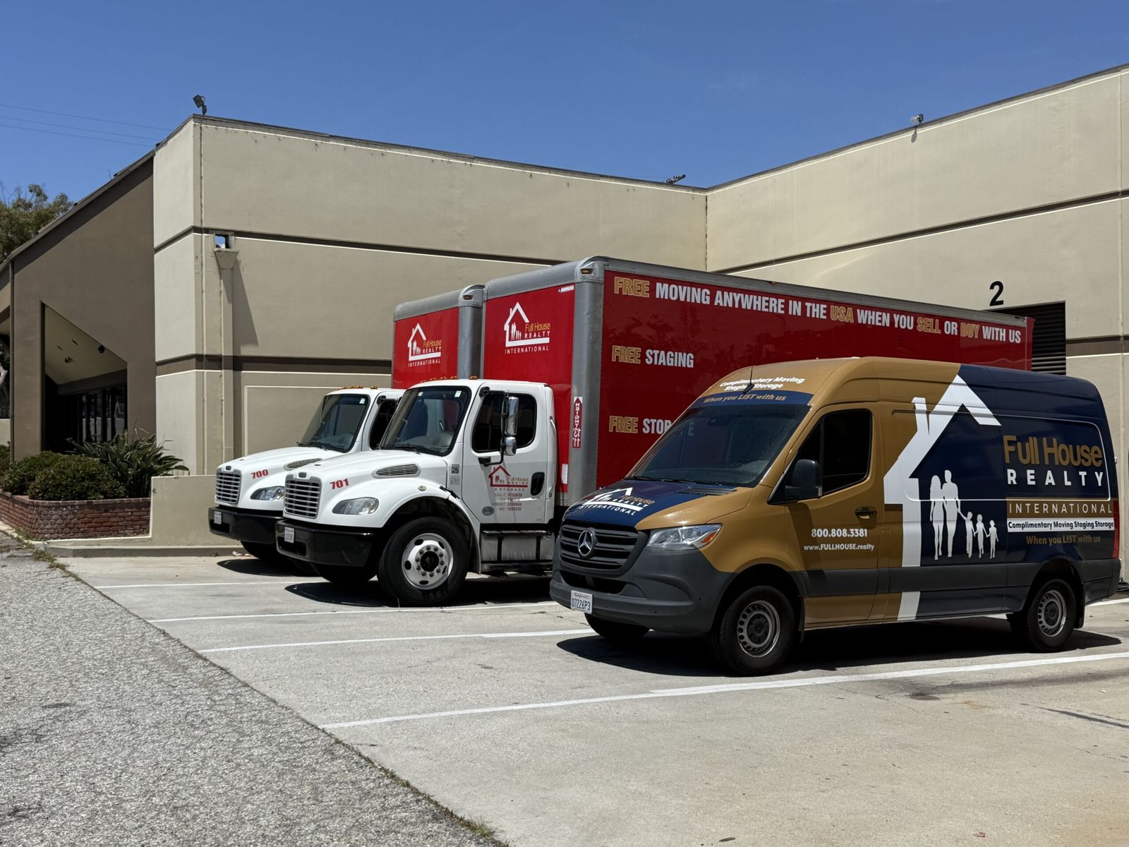 Full House branded moving trucks and van at the Redondo Beach headquarters